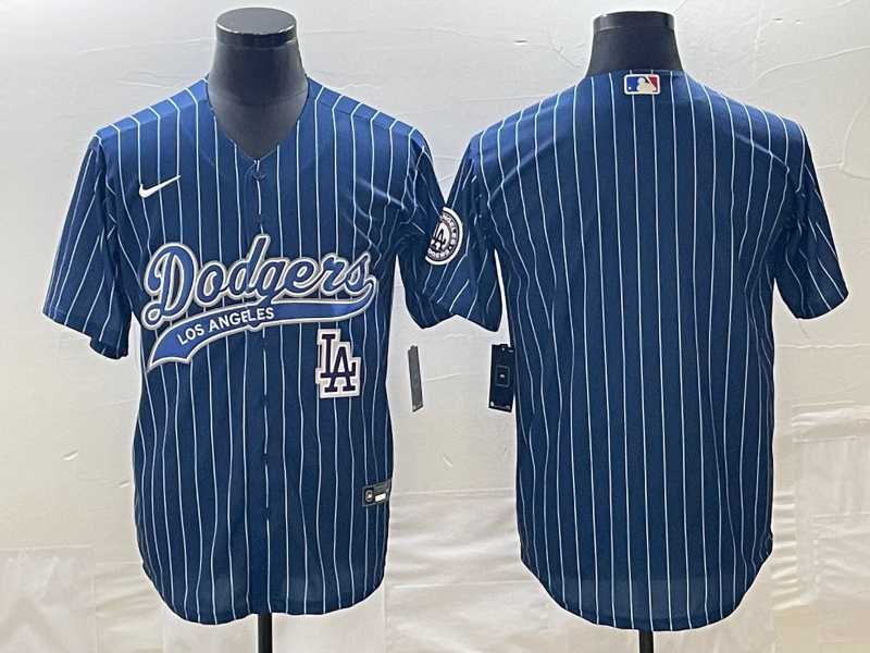 Men%27s Los Angeles Dodgers Blue Pinstripe Blank With Patch Cool Base Stitched Baseball Jersey->los angeles dodgers->MLB Jersey